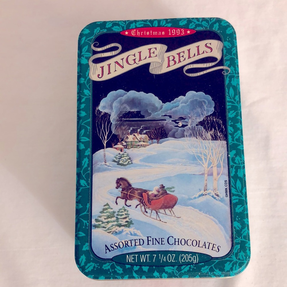 Vintage Christmas 1993 Jingle Bells Hallmark Crown Chocolatier Tin with Lid